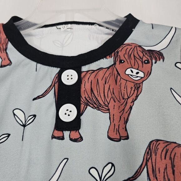 Highland Cow Pajama Blue/gray With Black Trim Brown Cow Print Pajama Set Size 92 - Picture 5 of 5